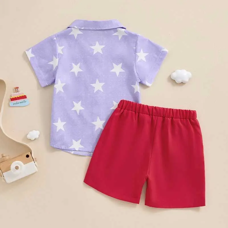 Kleidungssets 1-4 Jahre Baby Jungen 4. Juli Outfits Kurzarm Star Print Button Down Shirt + Shorts