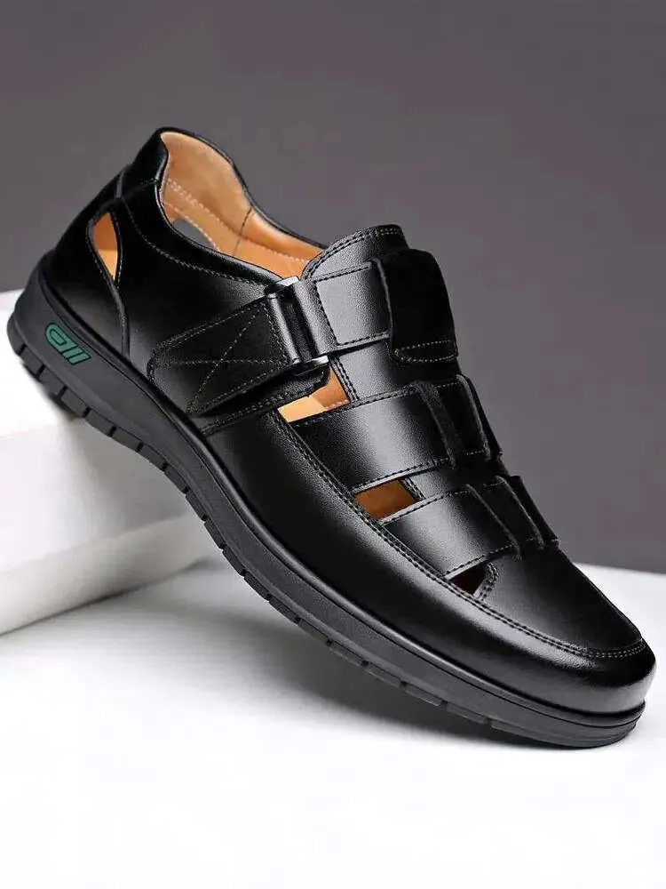 Мужские сандалии летний полый дизайн бизнес-повседневная кожаная обувь дышащие кроссовки удобные сплошные не скользящие квартиры мужские Shoessandals SA