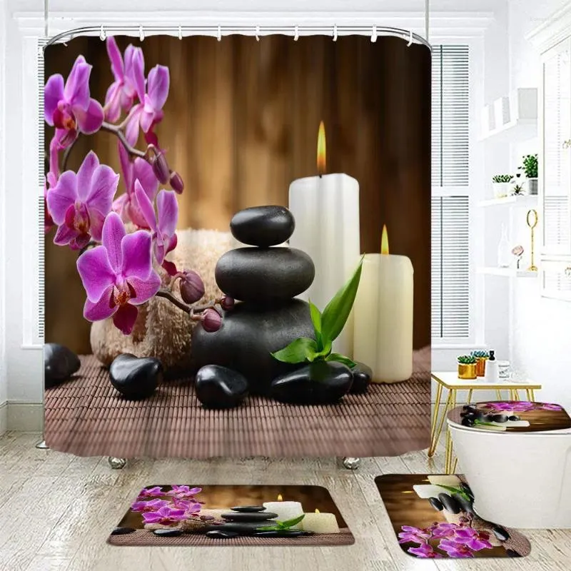 Douchegordijnen badkamer set met gordijn en tapijten stenen spa olie houten massage ontspannen kaarsen ayurvedisch water bamboe groen decor