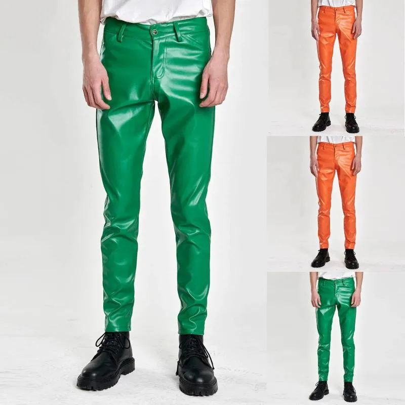 Calça masculina Bright Green Biker Leather Fashion Slim Stretch Pu Red Blue Preto Cinzento Men Pant Plus Tamanho
