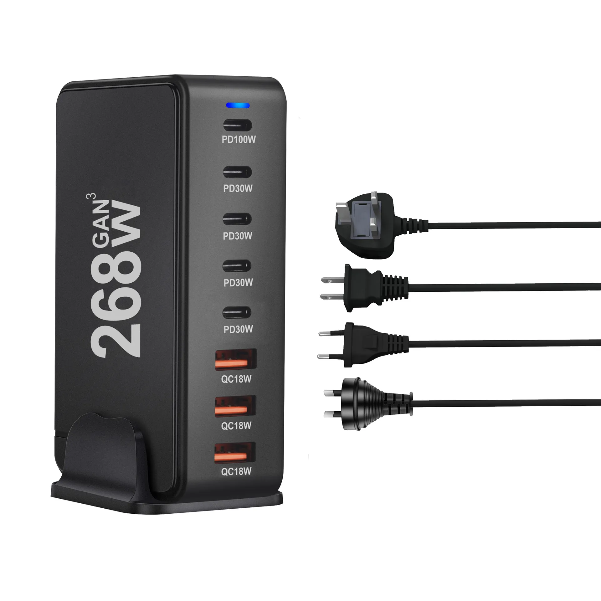 268W 240W Charger GaN USB C A QC3.0 Estação de carregamento para vários dispositivos Carregador de telefone universal para desktop para viajar Black White