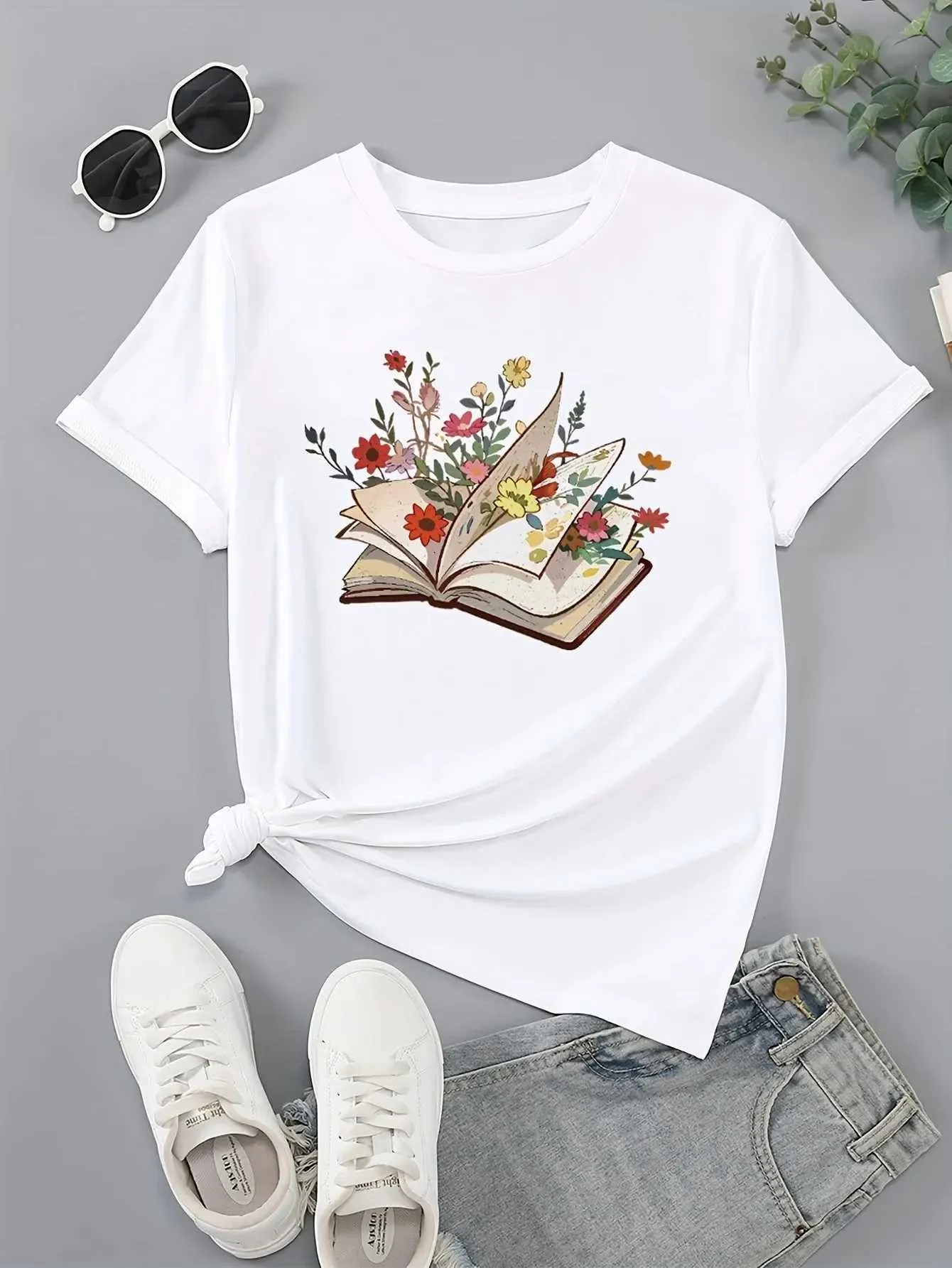 Camiseta feminina Livro de camisetas Floral Crew Crew Camiseta Casual SLVE SLVE SLVE TOP PARA VODADES MULHAS DE VODADES DE VODADES DE MODIAS CASUAIS T Y240509