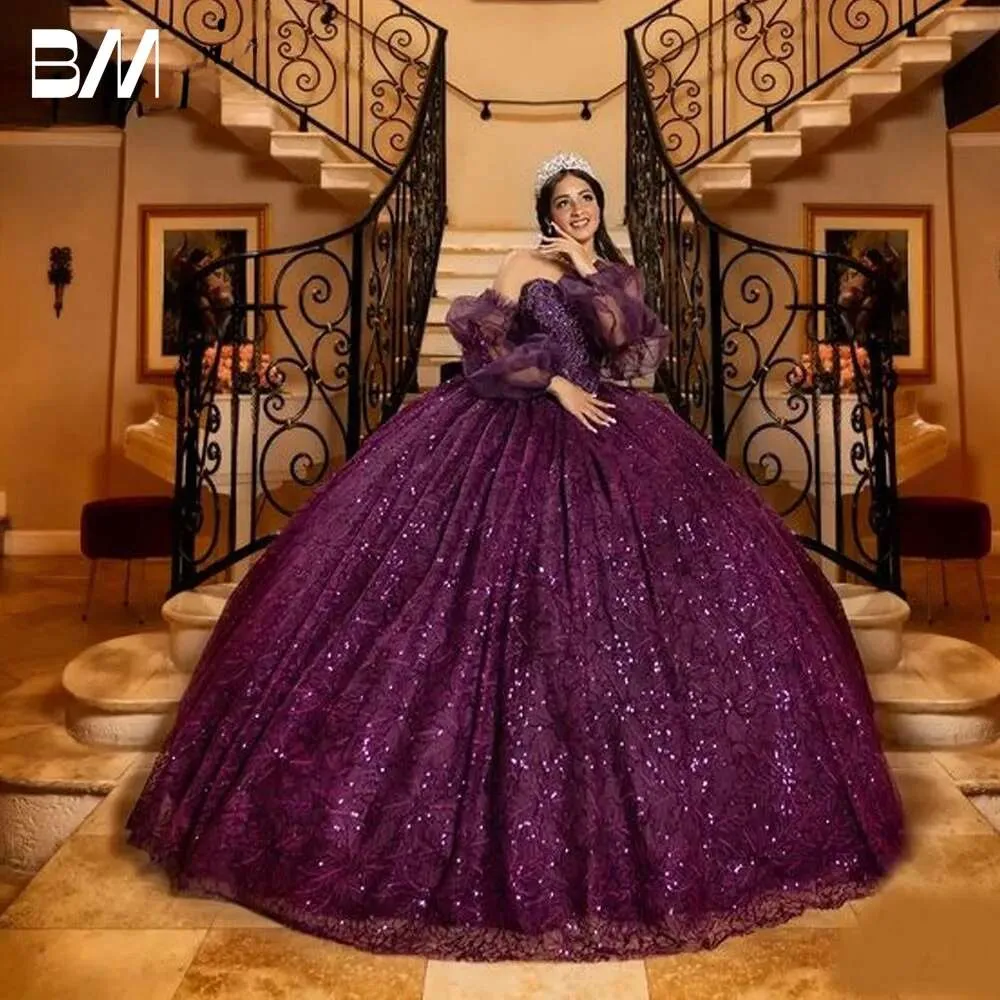 Ball violet quinceanera brillant 3d fleurs robe nuptiale fête des robes de mariée de longueur de sol