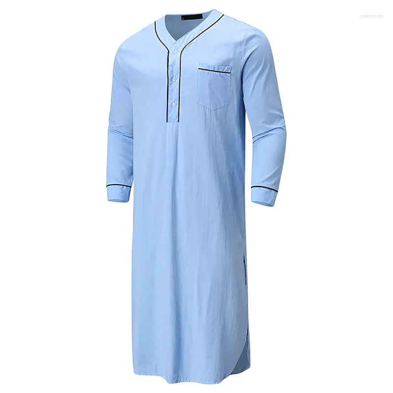 Men's Sleepwear Men V-Neck Linen Robe Roll Up Short Sleeve Solid Long Night Gown Casual Loose Shirt Kaftan Thobe With Pocket