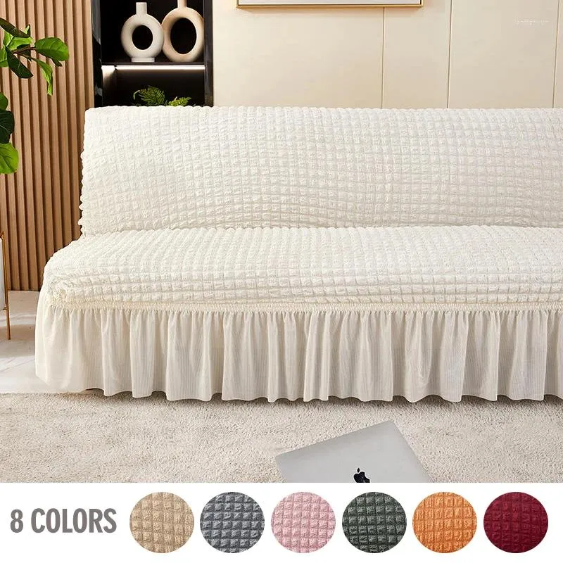 Couvre-chaise Couleur Couleur Fabric de seersucker tout sans canapé sans bras couvre-lit à la jupe en housse de canapé ajusté élastique lavable