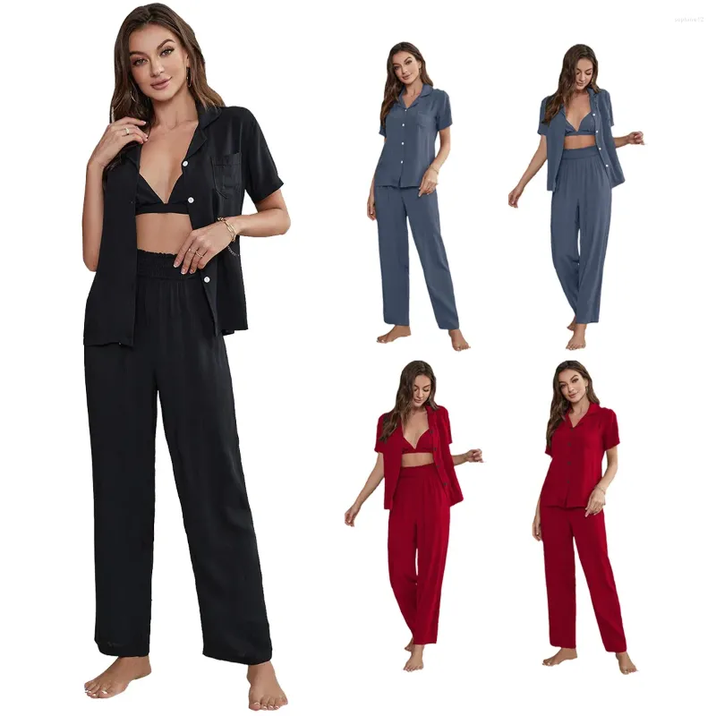 Home Clothing Pejamas Wiosna Kobiety i jesienne kardigan z krótkimi rękawami Trzyczęściowy zestaw handlu zagranicznego Amazon Independent Station