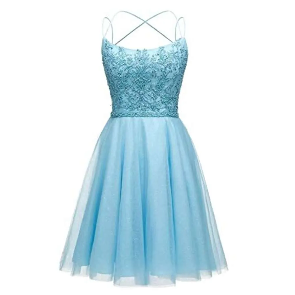 Short Tulle Homecoming Dresses for Teens Spaghetti Straps Lace Prom Dress Sparkly Mini Cocktail D...