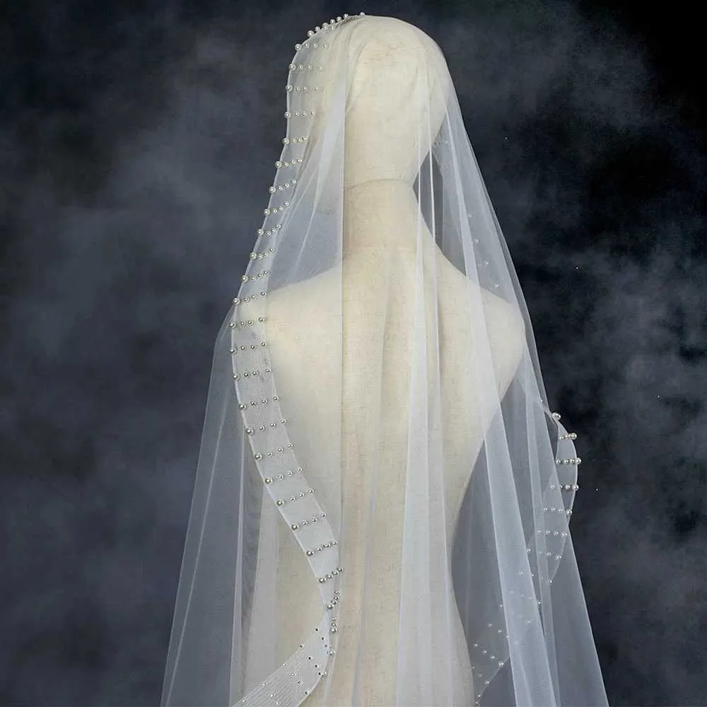 Hårsmykker Perlekant Lange Katedral Brudeslør 1 Lag med Kam Organza Perlebesatte Brudekjoler Tilbehør VP92_voghion.com