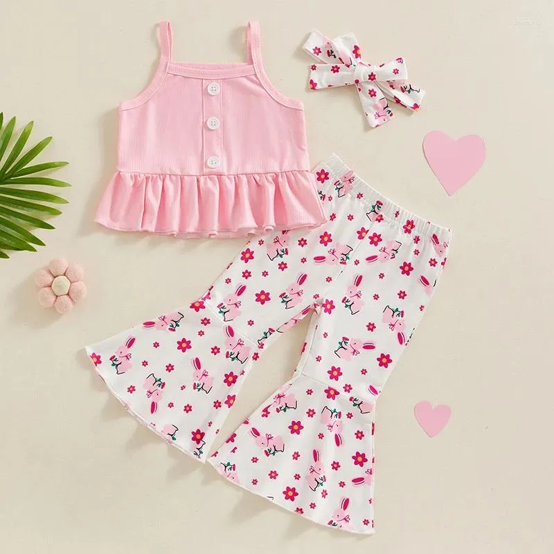 Clothing Sets Easter Outfit For Toddler Girls Baby Ribbed Knitted Ruffle Sleeveless Tank Top Flare Pants 3 Pcs Summer Clothes