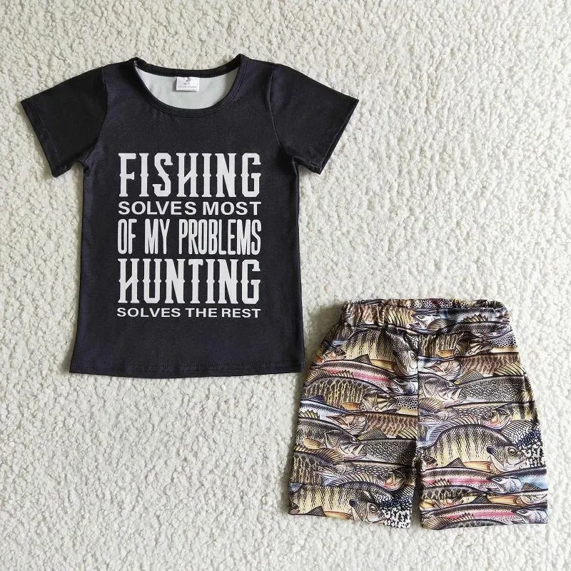 Kleidung Sets Sommer Mode Jungen fischen Jagd schwarze Kurzärmel -Fischmuster Shorts Set Großhandel Boutique Kinder Kleidung