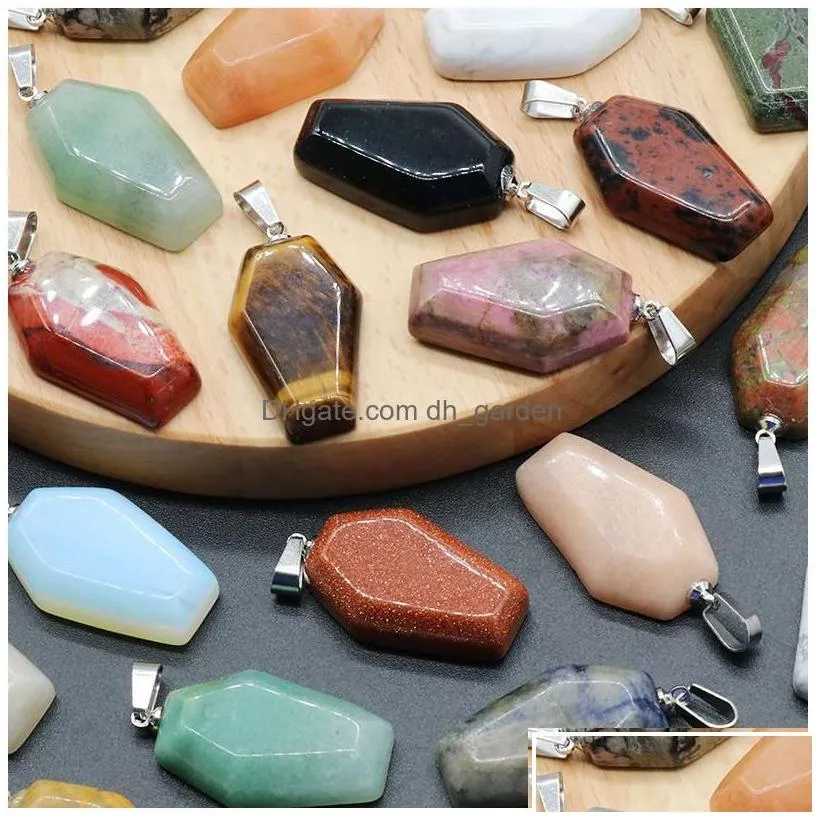 Pendant Necklaces Pendant Necklaces Coffin Shape Fortune Feng Shui Reiki Healing Stone Quartz Agates Crystal Tiger Eye Charms Jewelry Dhjt0