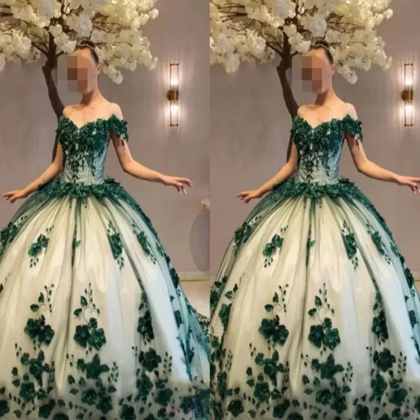 2022 Hunter Green Nude Prom Sweet 16 Jurken Ball Jurk Floral 3d Flowers Parels kralen van de schouder Quinceanera -jurk plus size WOM 207W