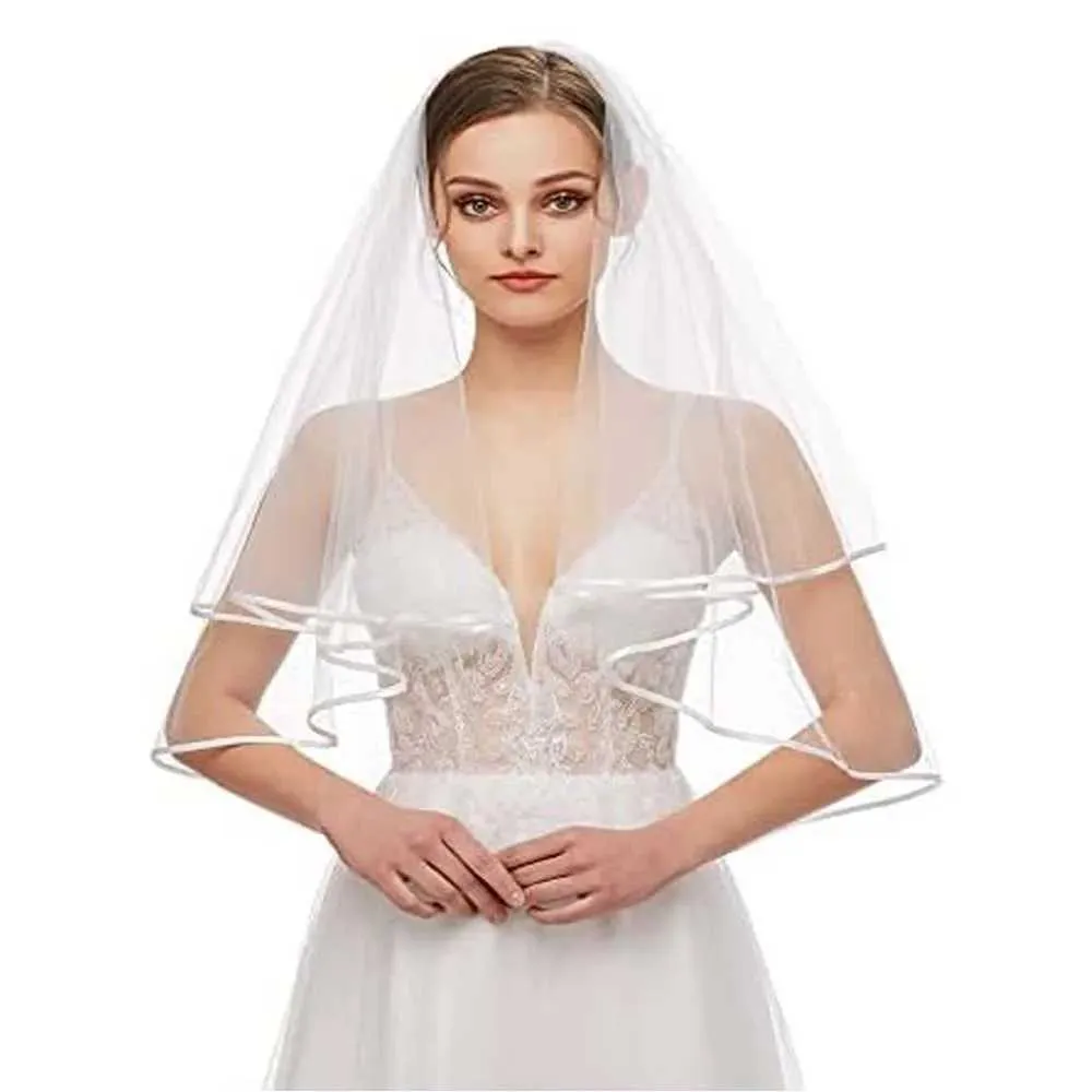 Haarschmuck Braut Damen Einfacher Tüll Kurzer Schleier Satinrand Mit Kamm für Hochzeit Junggesellinnenabschied_voghion.com