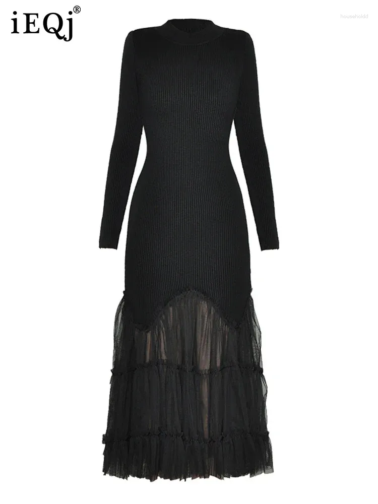 Casual Dresses Solid Mesh Stitching Sticked For Women Long Sleeve Round Neck High midja Elegant klänning Kvinnkläder 3WQ9275