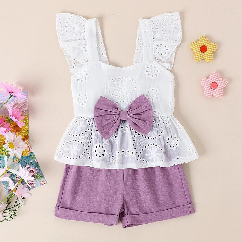 Ensembles de vêtements en bas âge pour bébé bébé filles vêtements d'été solides à volants solides sans manches crop tops bêtises shorts en forme de tenues mignonnes