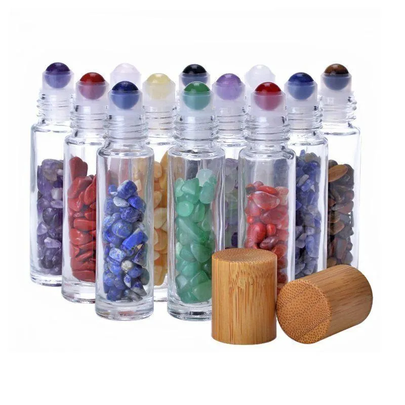 10 ml d'huile essentielle Roll-on bouteilles en verre rouleau sur bouteille de parfum avec pierre de quartz en cristal naturel écrasé, boule à rouleau en cristal, bambou bivf