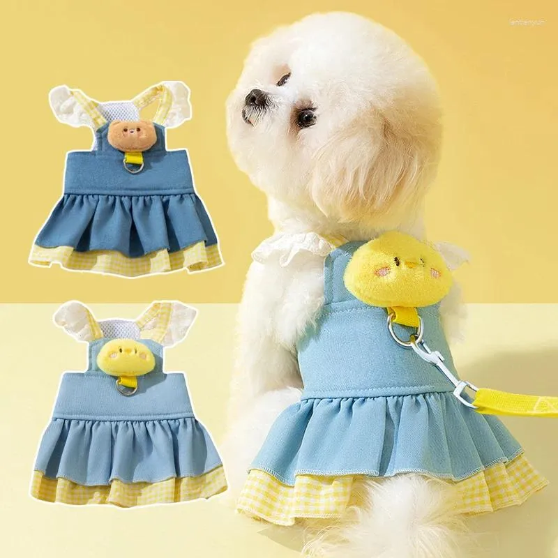 Colliers de chien mignon poupée chiot chiens harnais et laisse set rose jaune avec skirpe de vêtements en jean