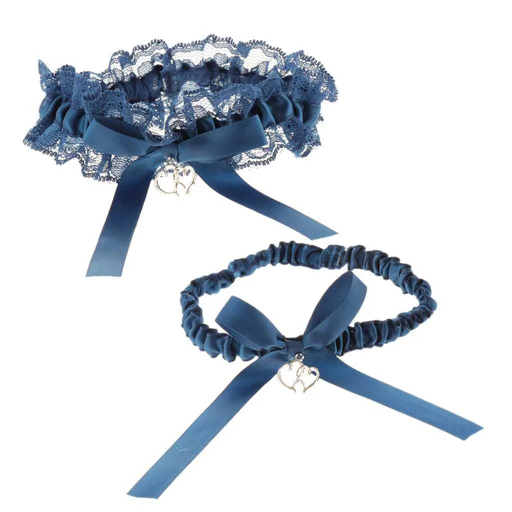 2pcs Wedding Bridal Bowknot Heart Lace Garter Throwaway Toss Leg Blue