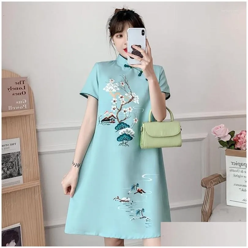 Ethnic Clothing Fzslcyiyi Lake Blue Loose Fashion Modern Cheongsam Dress Women Short Sleeve Qipao Traditional Chinese Style Clothes Dhmt9