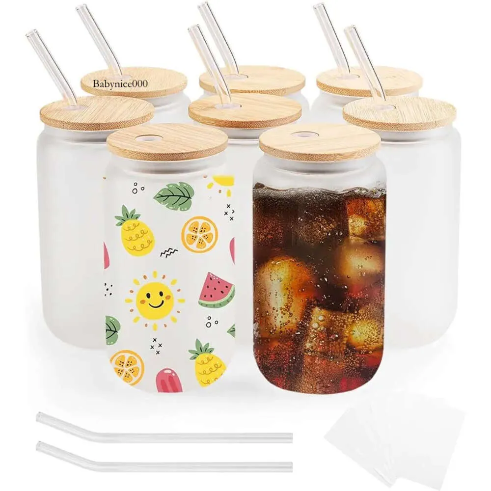 USA CA Warehouse Bamboo Lid مع Straw ، 16oz Sugfed Sublimation Beer Jar Glass Flant for Iced Coffee ، Soda ، Juice 0514