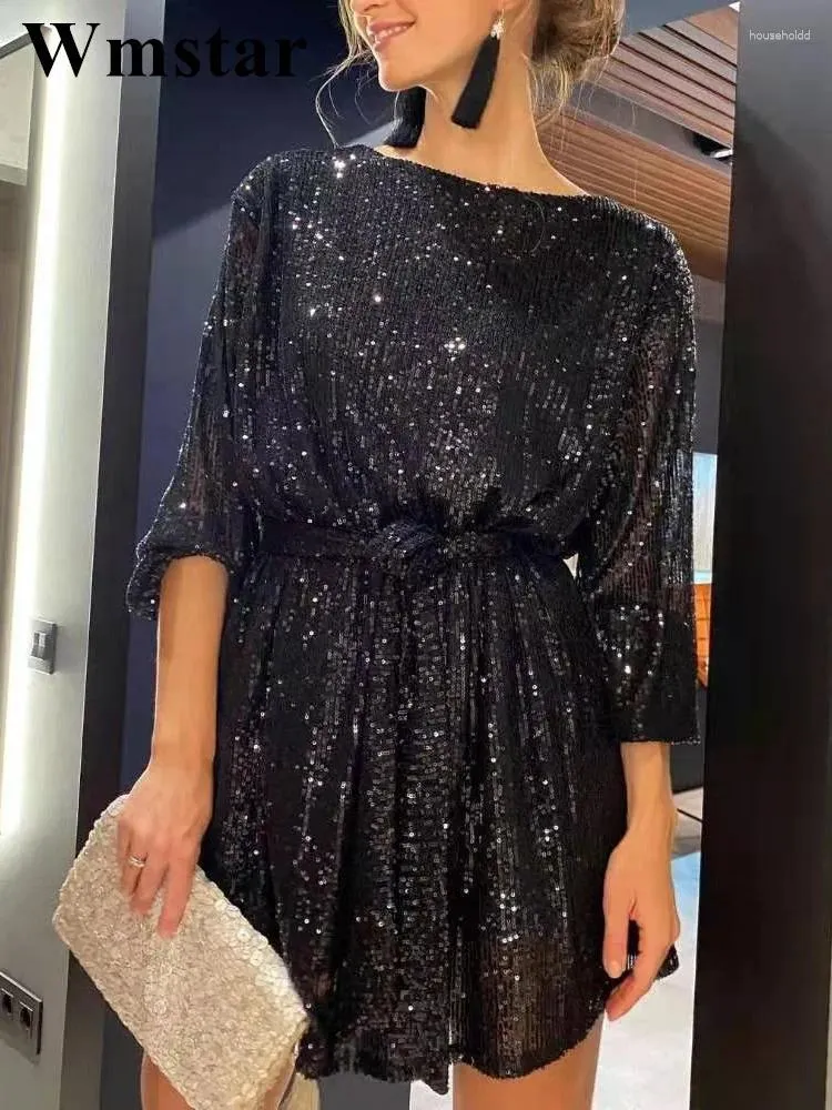 Casual Dresses Wmstar Women's Holiday Sequin Dress Party Pärled snörning Långärmad O Neck Loose Solid Color Plus Size Club