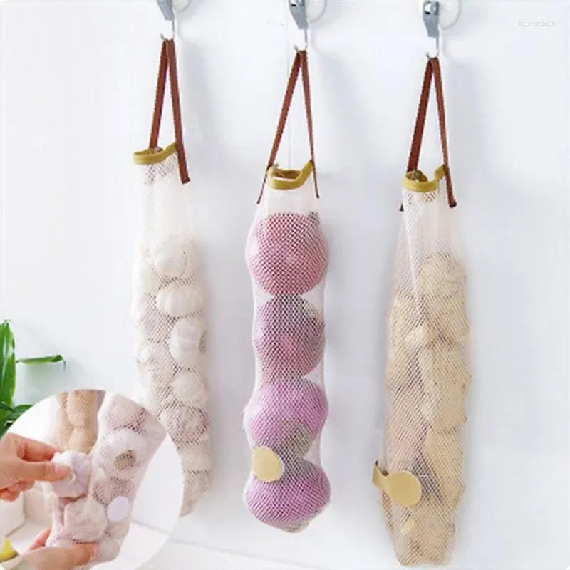 Storage Bags 3PCS Mesh Net Fruit Vegetable Garlic Onion Hanging Food Reusable Bag Organizer Home Hollow Kitchen Accessory 2024