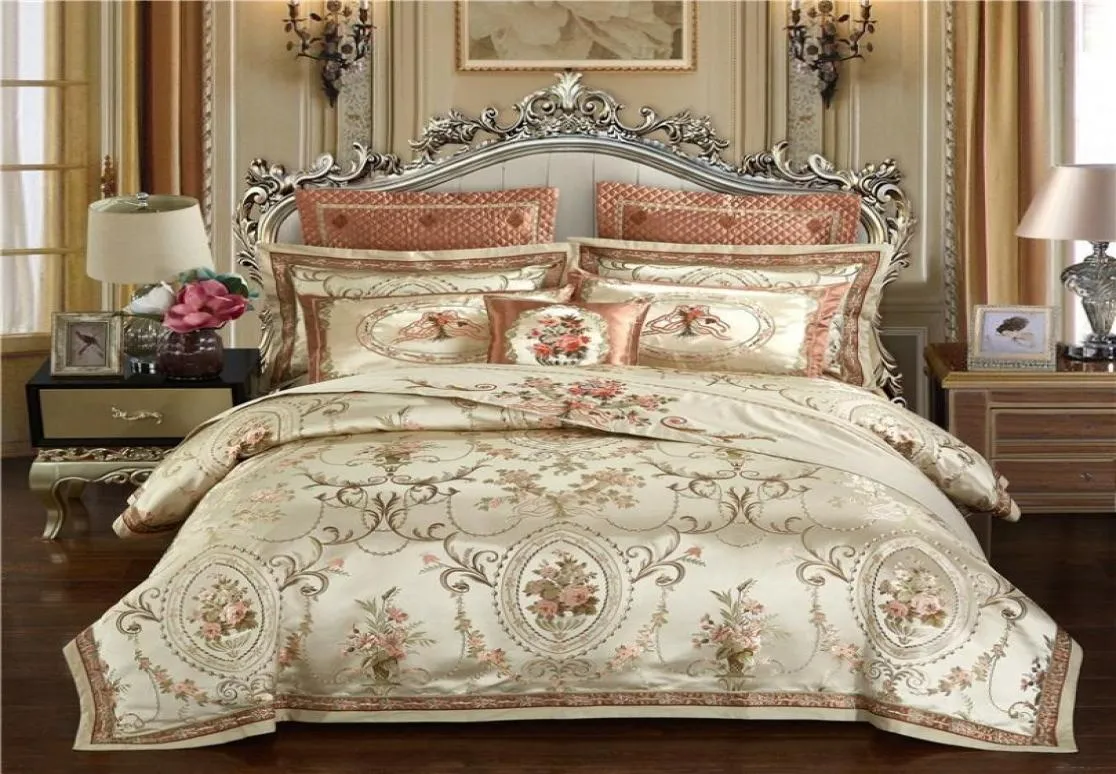 Gold Color Europe Luxury Royal Bedding Sets Queen King Size Satin Jacquard Duvet Cover Cover Sheets Set Pillowcase 469pcs T25969971