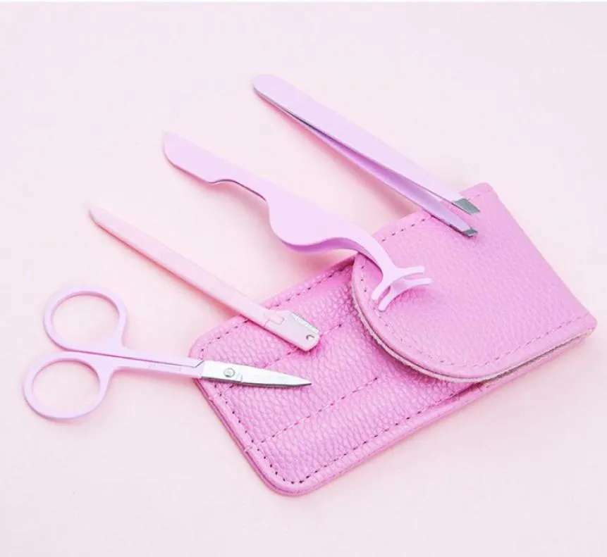 Pink Stainless Steel Eyelash Curler Eyebrow Tweezers Scissors False Eyelashes Applicator Makeup Set with bag2796800