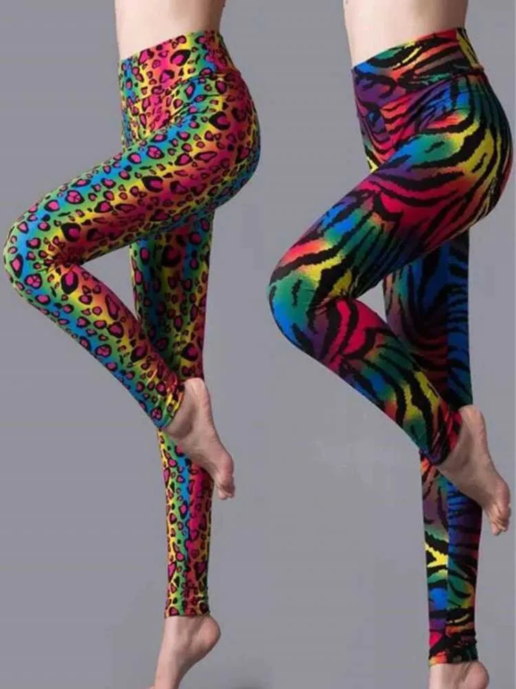 Women's Leggings CUHAKCI High Waist Leggings Sportwear Workout Women Jeggings Elastic Pants Leopard Summer Printed Stripe Sexy Fitness Leggins Y240508