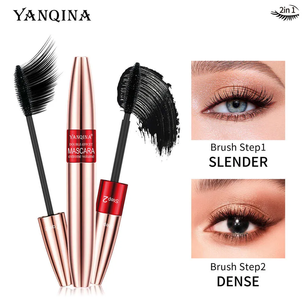 Yanqina dubbeleffekt två i en smal ögon svart vattentät, naturlig, tjock, lockig, icke -smutsig, färgmakeup