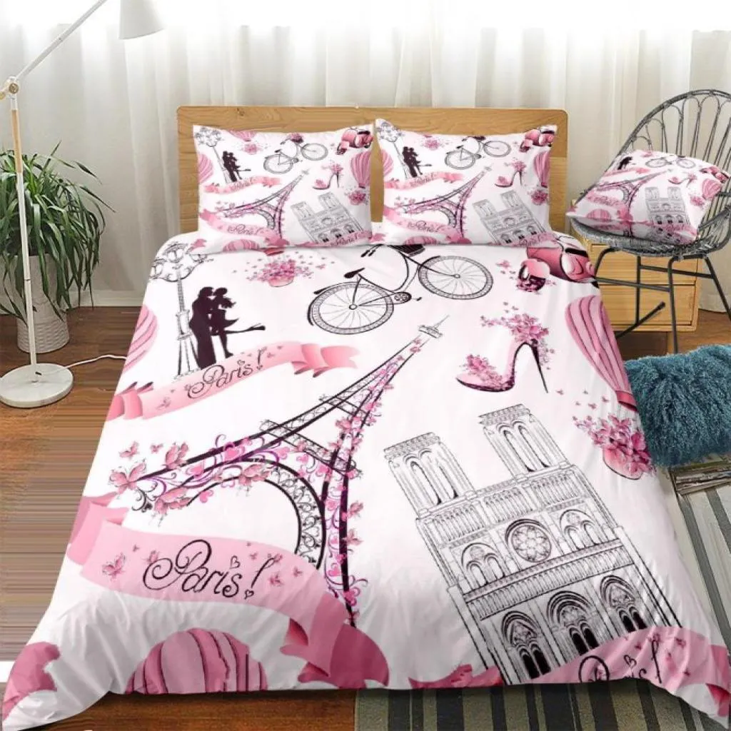 Eiffel Tower Coupue Cover Set Girls Pink Bedding Set Romantic Paris Bed Linen Girls Lover Home Textiles Couple de lit Clemps C10203797523