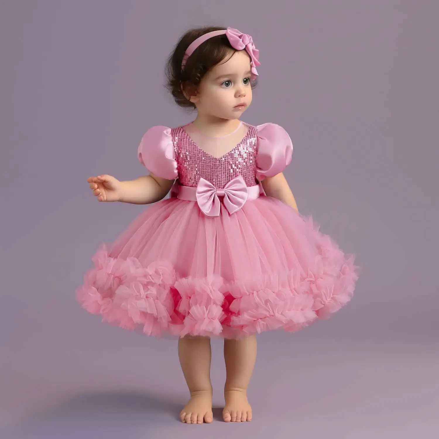 Robes de fille bébé fille robe de mariée arc nouveau-né le baptême robe bébé fille tutu 1 an robe de fête d'anniversaire manches bouffées