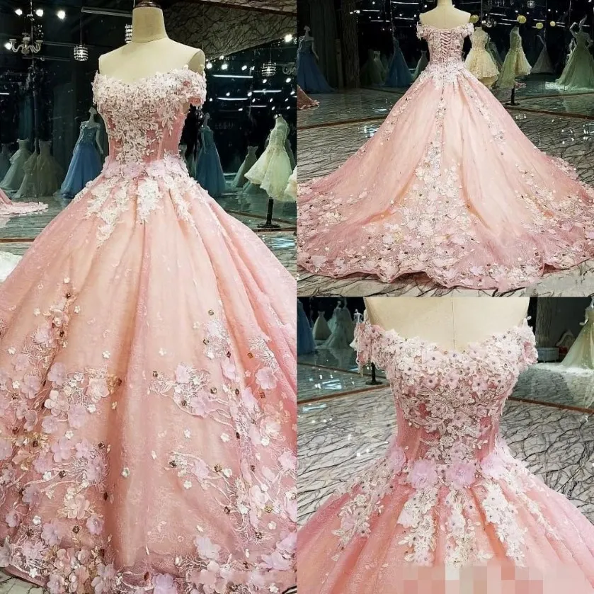 Roze quinceanera -jurken 2020 nieuwste 3D bloemen applique handgemaakte bloemen kralen van de schouder korte mouwen prom formal avondbal 254V