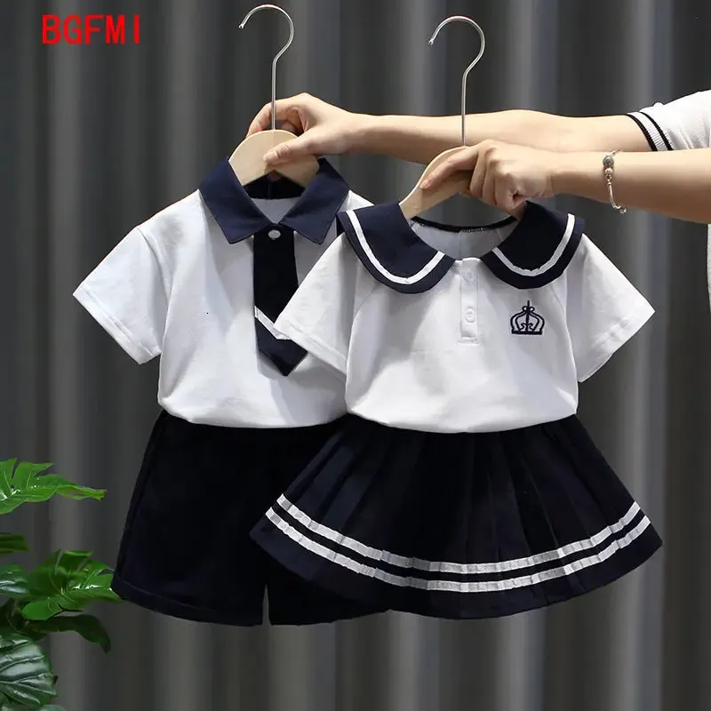 2-10y Brothers Irmãs Summer Summer Navy Collar Boys and Girls Clothing Set Sleeve Manuve Girls Prep Dress Family Matching Clothing 240514