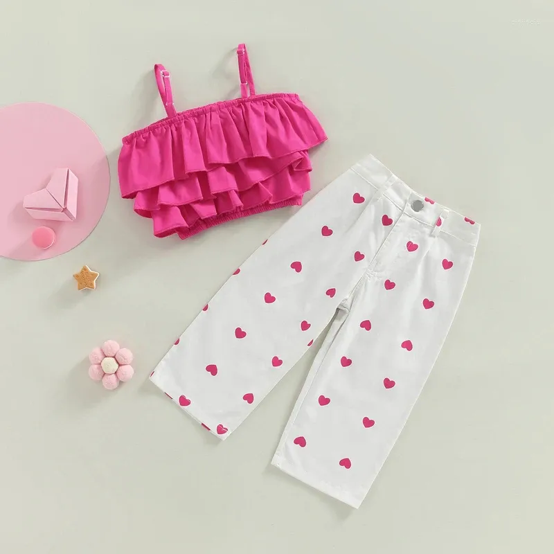 Kläduppsättningar Småbarn Girl Girls Valentine's Day Outfits Ruffle Layered Crop Cami Topps Heart Print Pants Set Sweet Summer Kids 2sts