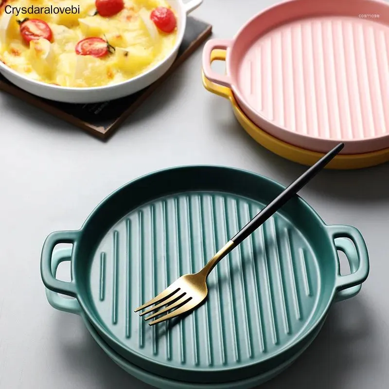 Plates Binaural Baking Dish Round Ceramic Dinner Cake Pans Cheese Tray Dishes Microwave Oven Plate Tableware