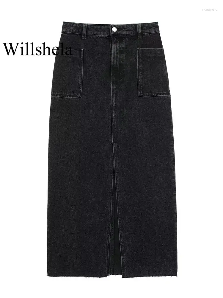 スカートの女性ファッションポケットでファッションデニムブラックフロントジッパーミディヴィンテージハイウエスト女性シックレディーロング
