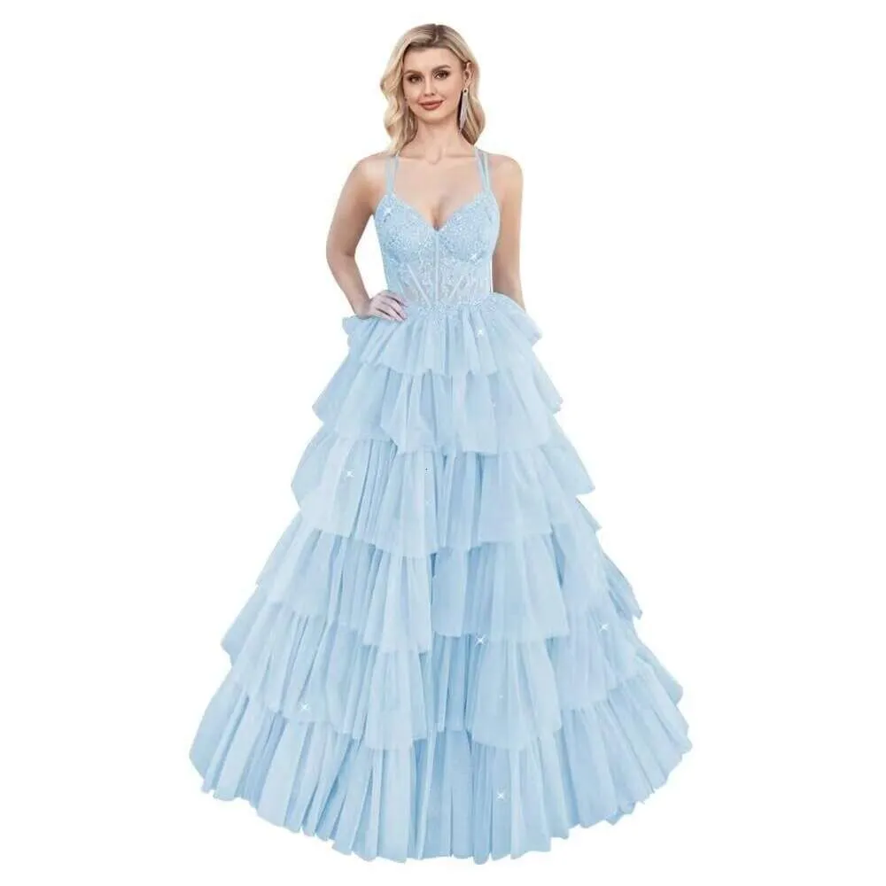 Spaghetti Straps V Neck Prom Dresses Lace Ball Gown for Women Layered Tulle Evening Gowns
