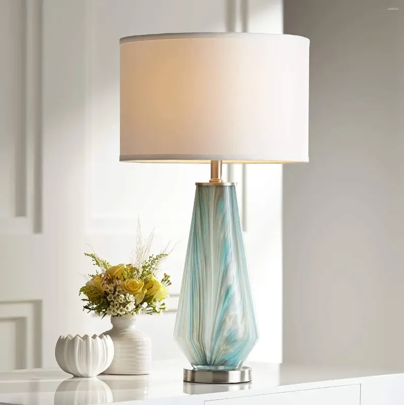 Lampy stołowe nowoczesne lampy ręcznie wykonane 26 -calowe, wyblakły wir niebieski szarość sztuki szczotkowane szczotkowane nikiel srebrny biały bęben (kolor może się różnić)