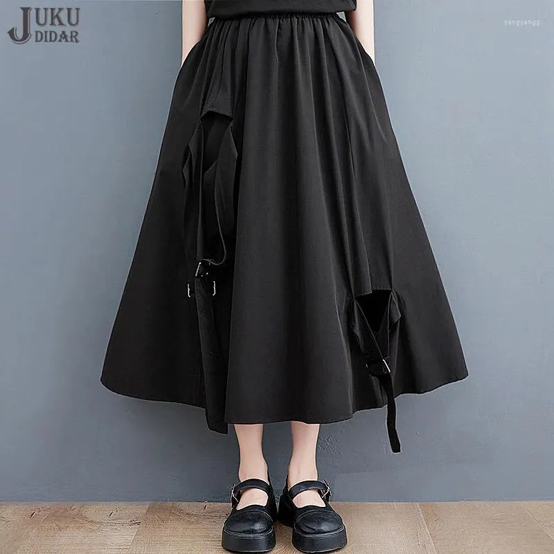 Юбка лента украшенная эластичная талия японский стиль Женщина Сплошная черная юбка A-Line Loak Fit Casual Wear Уличная одежда JJSK071