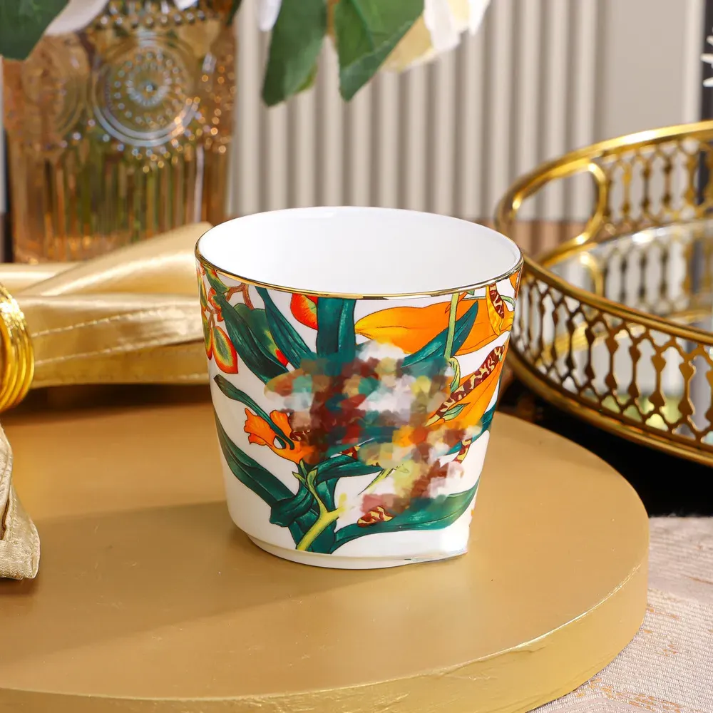 Unik designer modekopp och fat set Bone China Par Coffee Cup med tefat växter mönster eftermiddag te koppar födelsedag husuppvärmning bröllopspresent