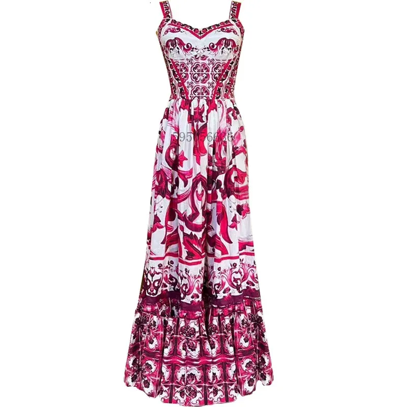 Dames vneck roodblauw en witte print spaghetti riem vakantie maxi jurk zomer runway bloemen print vakantie lange gewaden 240514