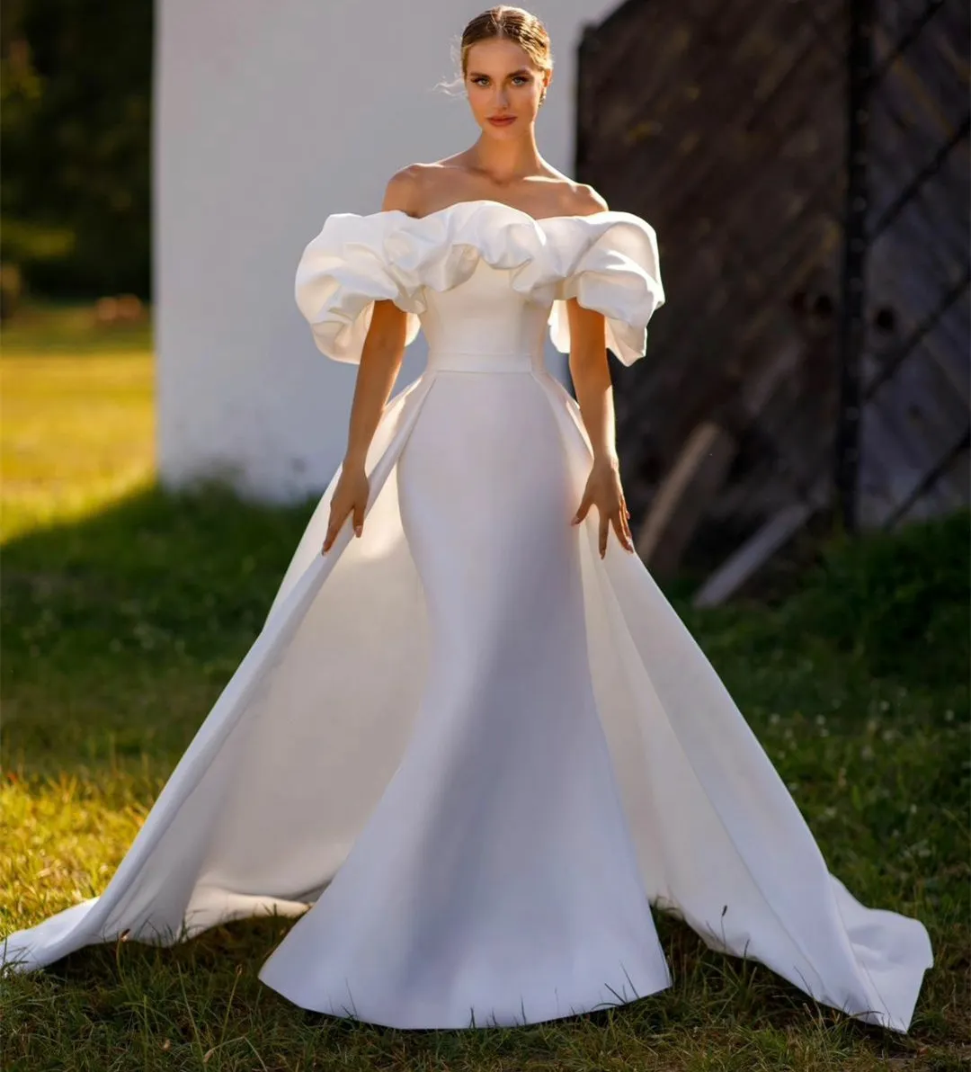 Винтажные длинные атласные свадебные платья с оборками/съемными поездами русалка 2 и 1 стиль vestido de novia