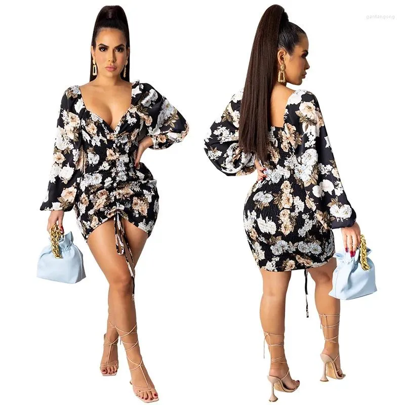 Casual jurken Skmy Black Jurk Drawring GeplooDed Long Sleeve Fashion Gedrukte bodycon Nightclub Outfits Women Clothing 2024 Aankines