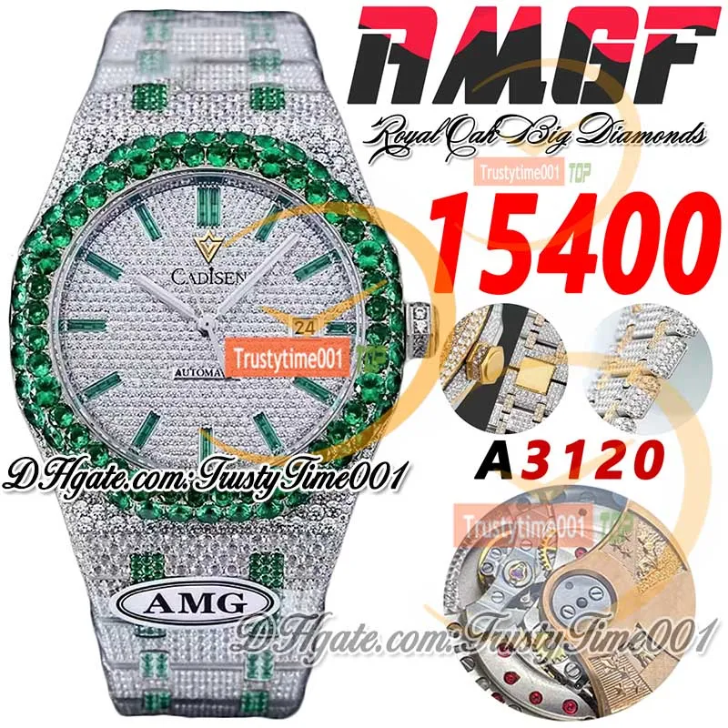 AMG 15400 A3120 Automatic Mens Watch Green Big Diamond Diamond Pavied Diamonds Diamants Baguette Baguers Bracelet en acier Two Tone Super TrustyTime001 Iced Out Full Watches