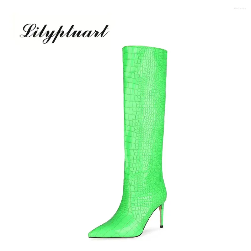 Boots Women's Autumn Pointed Ultra-high Heel Fluorescent Green Stone 34-45 High Tube Size 43 Women Shoes