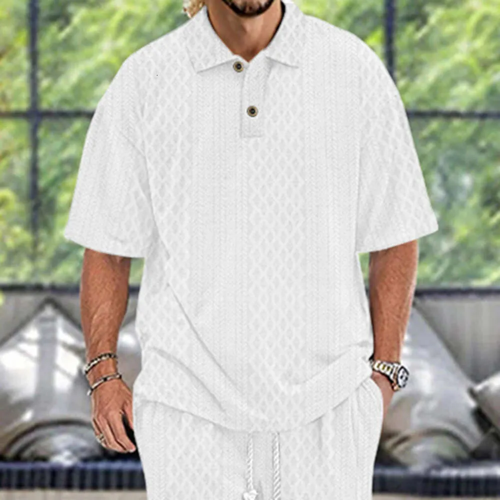 Amerikansk överdimensionerad jacquard stickad lapel t-shirt för mäns sommar lös och mångsidig topp M514 35