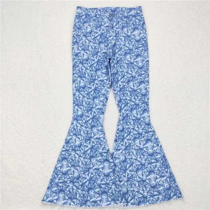 Clothing Sets Western Fashion Adult Women Mama Floral Pattern Blue Denim Trousers Long Pants Wholesale Boutique Girl Jeans