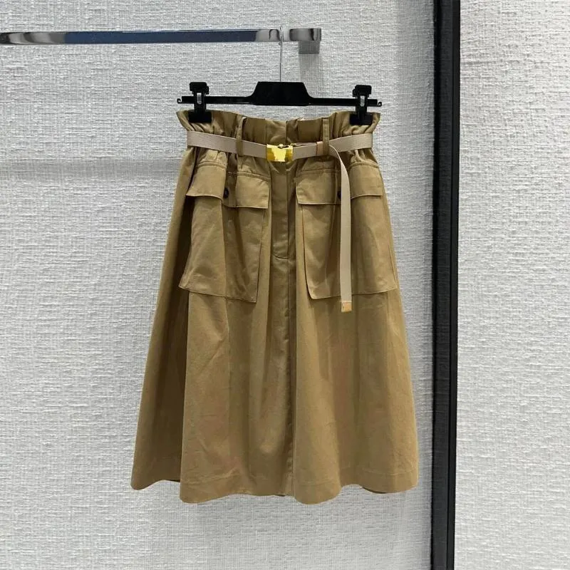 スカート2024ファッションオールマッチのAラインロングレディースハイウエストバックルベルトビッグポケットKhaki Safariスタイルカジュアルシックスカート