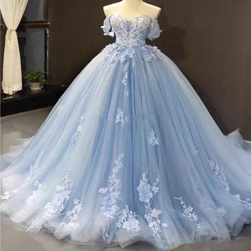 الفساتين الساحرة للسماء الزرقاء الزرقاء Quinceanera 2021 قبالة الكتف عارية الذروة القطار الدانتيل الدانتيل